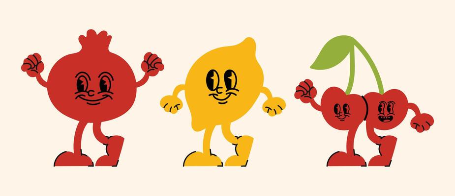 doodle style set featuring cheerful smiley characters, retro hippie vibes, and simple line illustrations for stickers and posters.