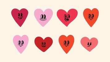 design element with smiling mascot illustrations, hand drawn hearts, linear symbols vector