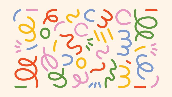 Retro-style collection of sketchy icons- swirls, arrows, rough lines, and messy text frames. Inspired by kindergarten drawings and creative chaos. Great for playful branding and education design.