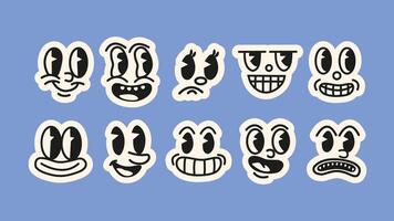 Cartoon face stickers mascots Collection of bold, abstract cartoon faces with expressive emotions happy, goofy, confused, and more. vector
