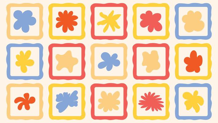 Set of colorful floral frames in a vintage-inspired style, featuring decorative spring bouquets and geometric flower arrangements for invitations, prints, and seasonal designs.