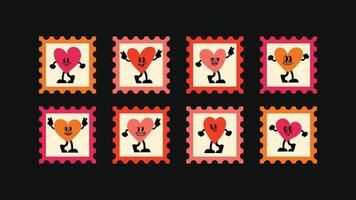 logo design set with square banners, postage stamp and funny cartoon mascots includes smiling characters, hearts, abstract stickers vector