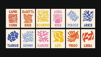 zodiac calendar layout with vibrant floral background, simple zodiac icons, hand-drawn naive art elements and modern abstract aesthetics. vector