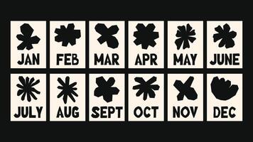art calendar in colorful naive and hippie style, hand drawn botanical illustrations, bold wavy shapes and abstract patterns, suitable for modern wall calendars and decorative monthly prints. vector