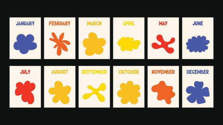 botanical calendar design in retro modern style, hand drawn floral art, naive wavy elements, abstract Matisse influence, perfect for printable planning and decoration.