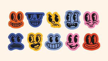 Cartoon face stickers Y2K abstract mascots Collection of bold, abstract cartoon faces with expressive emotions happy, goofy, confused, and more. vector