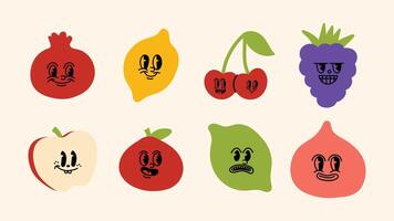 Bright cartoon design fruit set with circular avatar icons, joyful mascots, expressive line illustrations vector