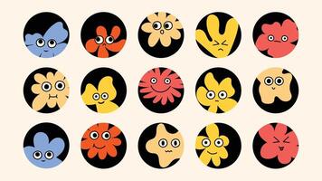 logo design kit with smiling cartoon mascots, round avatar icons, abstract line stickers, and playful graphic elements for branding, advertising, and posters. vector