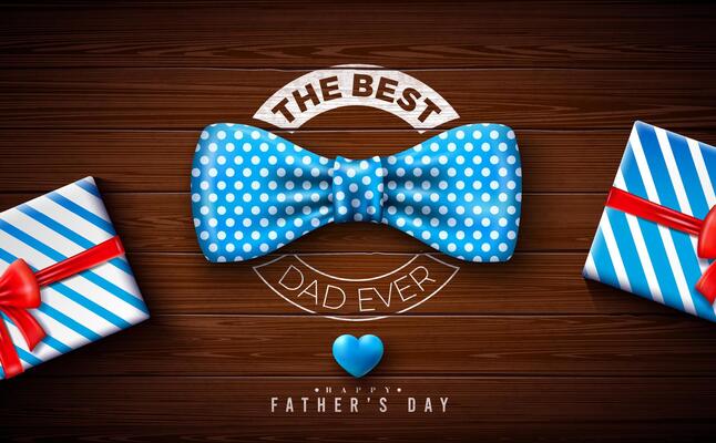 Happy Father's Day Greeting Card Design with Gift Box, Blue Heart, Blue Dotted Bow Tie and Typography Lettering on Vintage Wood Background. Celebration Illustration for Loved and Best Dad