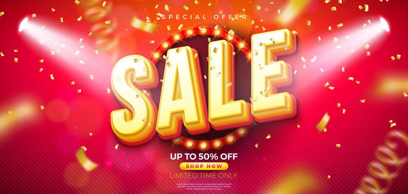 Shopping Day Big Sale Banner Design with Light Bulb Billboard and 3d Text Label on Yellow Falling Confetti Background. Special Offer Campaign Discount Illustration for Coupon, Voucher, Banner