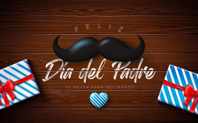 Happy Father's Day Greeting Card Design with Gift Box, Blue Heart, Mustache and Typography Lettering on Vintage Wood Background. Celebration Illustration for Loved and Best Dad. Template for