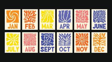 calendar with retro floral patterns, naive botanical cutouts, Matisse-style abstract plants, printable wall art templates for home, studio, or office with a playful monthly layout. vector