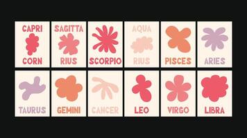 calendar all zodiac signs in minimal floral naive composition with Matisse-style cutouts, botanical frames and bold collage-like layouts. vector
