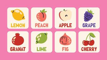 Bright educational flashcards for kids with fruit names. Cute illustrations of apple, cherry, lemon, grape, pomegranate, fig vector