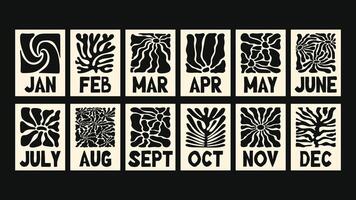 calendar with retro patterns, naive botanical cutouts, Matisse-style abstract plants, printable wall art templates for home, studio, or office with a playful monthly layout. vector
