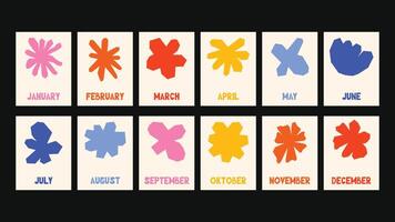 Monthly calendar set with groovy floral art, style plants, organic lines, and vibrant nature-inspired textures, ideal for decorative prints, posters, and digital downloads. vector