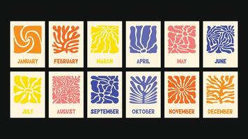 Expressive calendar design in retro modern style, hand drawn floral art, naive wavy elements, abstract Matisse influence, perfect for printable planning and decoration. vector