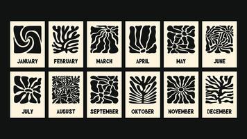 floral calendar design with expressive cutout flowers and leafy elements, bold retro color scheme, hippie groove style and printable templates for posters and placards. vector