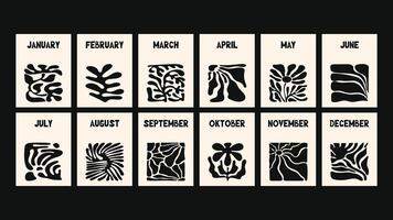 Groovy calendar set with organic flower illustrations, vibrant abstract leaves, and soft naive forms, designed as prints for modern, creative, and colorful planning tools. vector