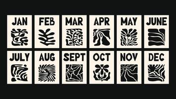 Floral art calendar in colorful naive and hippie style, hand drawn botanical illustrations, bold wavy shapes and abstract patterns, suitable for modern wall calendars and decorative. vector