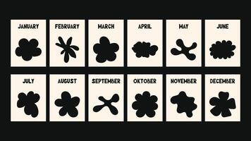 Abstract floral calendar design with expressive cutout flowers and elements, bold retro color scheme, hippie groove style and printable templates for posters and placards. vector