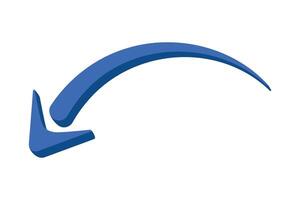 Blue 3d curved arrow pointing left downward on transparent background for direction and navigation vector