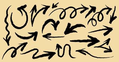 Set of black chalk arrows. Grunge hand drawn charcoal symbols for hand drawn diagrams. Freehand different curved arrows, swirls, crosses, check marks. Template doodle marker drawing on yellow vector