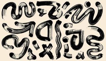 Brush drawn bold geometric shapes, black and white asterisks, arrows, circles set. Set of squiggle thick lines, curly grunge for banner, print or collage. Template style rough symbols, shapes. vector