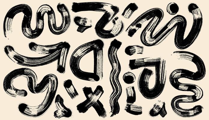 Brush drawn bold geometric shapes, black and white asterisks, arrows, circles set. Set of squiggle thick lines, curly grunge for banner, print or collage. Template style rough symbols, shapes.