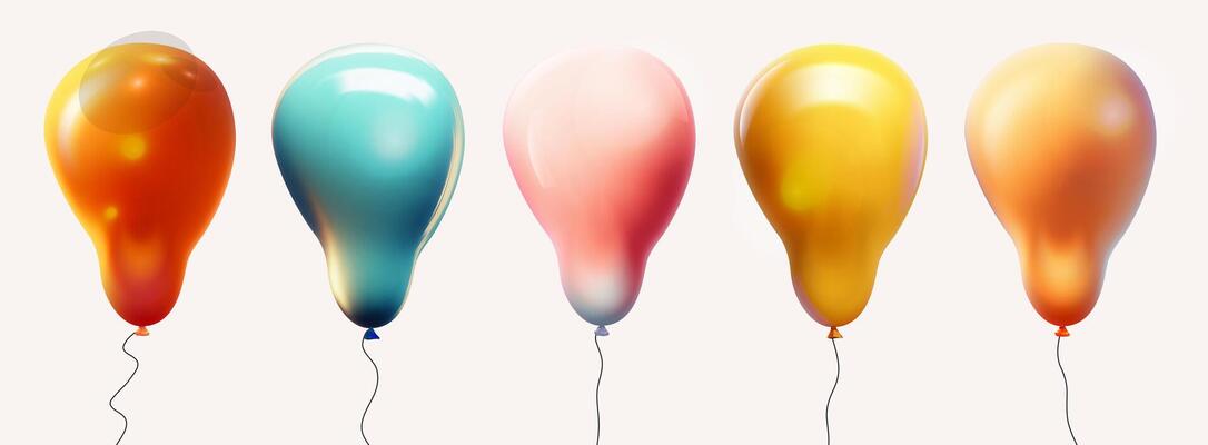Set of 3d realistic colored balloons spheres. Helium balloons for Happy birthday, wedding, party anniversary. Template 3d realistic , collection of elongated shape of helium balloons.