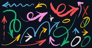 Set of colored chalk arrows. Grunge hand drawn charcoal symbols for hand drawn diagrams. Freehand different curved arrows, swirls, crosses, check marks. Template doodle marker drawing. vector