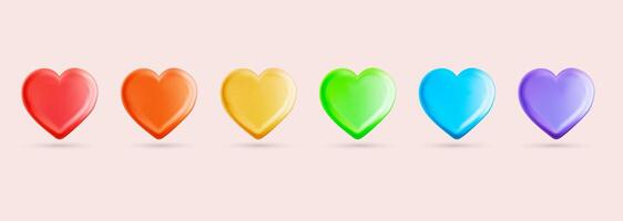 Set of hearts icon, 3d rainbow glossy. Pride month 2025, love collection. Cartoon creative design icons isolated on pink background. Template multicolored emoji like. Heart shape, 3d realistic . vector