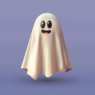 Spooky 3d ghost. Template emotional halloween phantom. 3d realistic afterlife monster, flying specter icon. Ghost surprised frightening character halloween icon isolated on purple background.