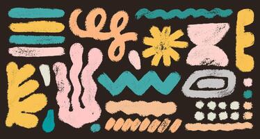 Collection of pastel hand drawn crayon shapes, abstract forms. Set of childish crayon elements. Template doodle colored geometric crayon shapes in retro style. doodle marker drawing. vector