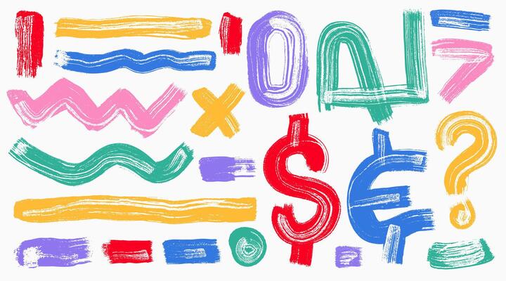 Set of abstract form brush bold geometric shapes, arrows, asterisks, circles. Grunge style color symbols, shapes. Template squiggle thick lines, curly brush strokes, background print or collage