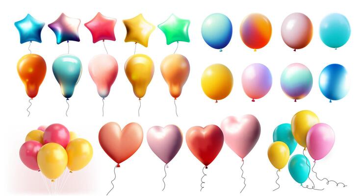 Set of 3d realistic colored balloons of various shapes, heart, star, spheres. Helium balloons for Happy birthday, wedding, party anniversary. Template realistic , collection of balloon.