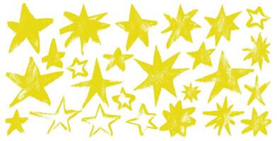 Set of chalk stars with ragged jagged edges. Kids grunge yellow stars with crayon texture. Template hand drawing shape in kid sketch style on white background. stars in a childish style. vector