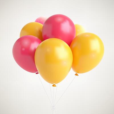 3d realistic border with yellow and pink flying balloons celebration, invitation decoration. glossy balloon for design element, decoration, banner, wallpaper Birthday party on white background.