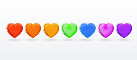 Set of 3D rainbow Hearts icon. Collection of multicolored emoji like. Heart shape. Realistic colored cartoon creative design icons. 3D illustration isolated on white background. vector