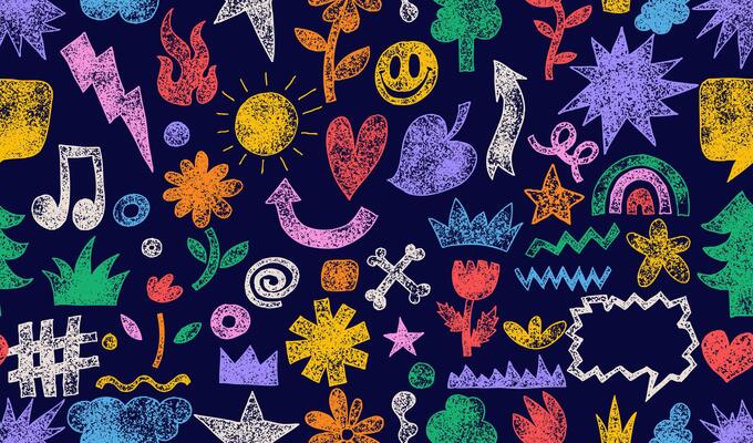 Seamless pattern grunge with crown, rainbow, arrow with crayon, pastel or chalk texture. Hand drawn cute shapes for kids design. Doodle charcoal shapes, squiggles in childish girly style.