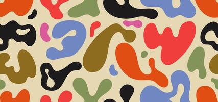 Seamless pattern liquid organic abstract shapes. Trend uneven blots, hand drawn organic amoeba blob shapes set. Colored psychedelic forms, wavy figures. irregular round blot elements. vector