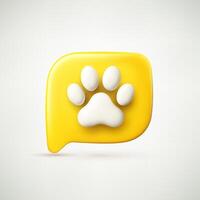 Paw 3d template, great design for background, poster, social media. Yellow circular button with a white paw print symbol, representing pets or animals. 3D realistic illustration. vector