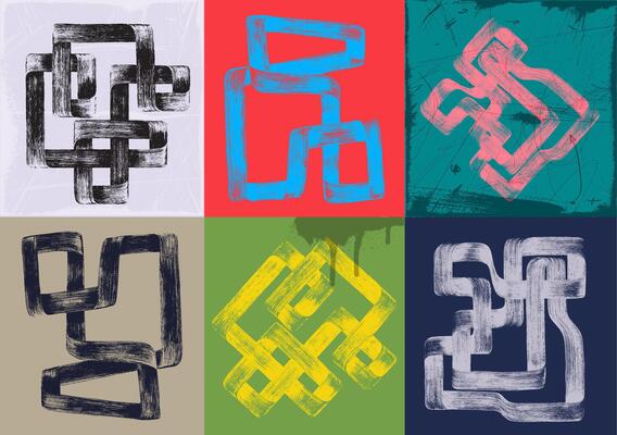 Set of distressed grainy high texture in various squiggle shapes. Disintegration, halftone effect, bold brush strokes. Colored dust overlay distress grain texture for modern grunge posters.