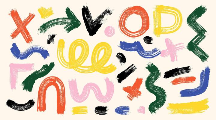 Set of with various geometric trendy shape. Abstract brush drawn geometric figures, objects ornament. Collection of arrow, circles, swirls, asterisk, curved bold lines. bright color pattern.