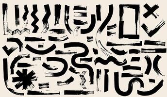 Set of brush drawn circles, black curved lines. Thick geometric brush strokes. Wavy, curly lines, round shapes, shapes. Template dark bold stripes, abstract forms. Geometric elements . vector