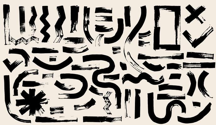 Set of brush drawn circles, black curved lines. Thick geometric brush strokes. Wavy, curly lines, round shapes, shapes. Template dark bold stripes, abstract forms. Geometric elements .