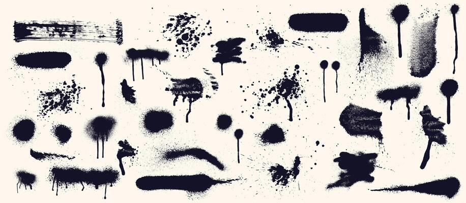 Paint splash, spray, ink elements for decor, drip big set. Black abstract flow splatter, ink marker squares and lines, grunge stain, vandalism art. hand drawn aerosol brushstrokes.