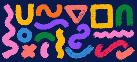 Set of colorful geometric charcoal thick wavy lines, circle in childish style. Retro strokes for element design, print, collage. Naive style waves, brushes curve. Hand drawn bold grunge shapes. vector