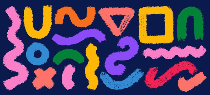 Set of colorful geometric charcoal thick wavy lines, circle in childish style. Retro strokes for element design, print, collage. Naive style waves, brushes curve. Hand drawn bold grunge shapes.