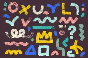 Set of abstract geometric colored shapes drawn with a bold brush. Design thick rough semicircles, circles. Template doodle grunge style elements wavy lines. Bold graffiti style geometric shapes vector
